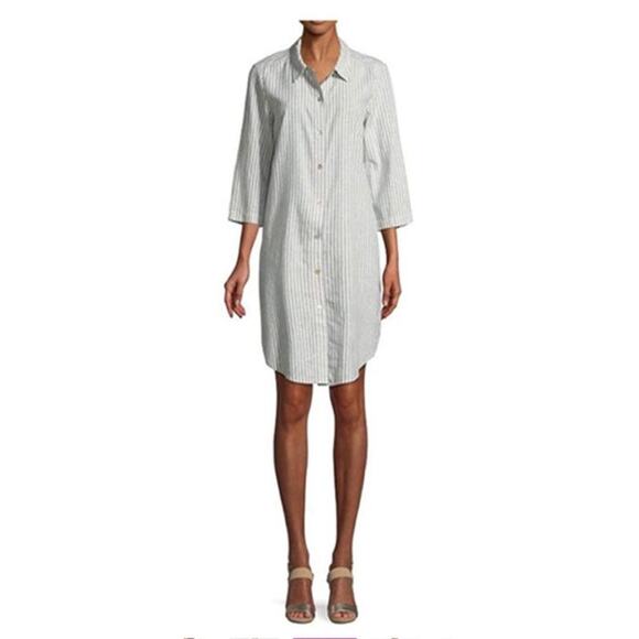 EILEEN FISHER Chambray Hemp Organic Cotton Stripe Shirtdress L - Picture 2 of 7